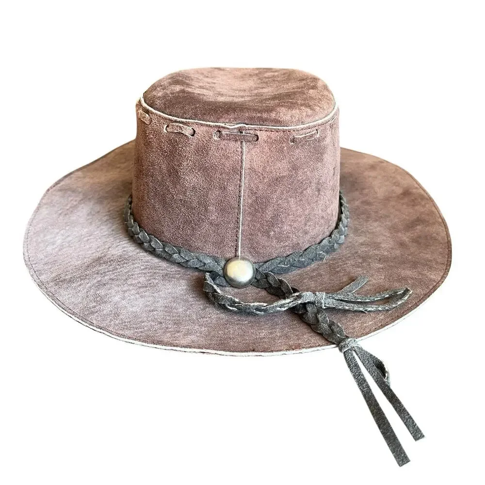 Leather Cowboy Hat Unisex Size M Men Women Vintage Brown Suede Retro Western
